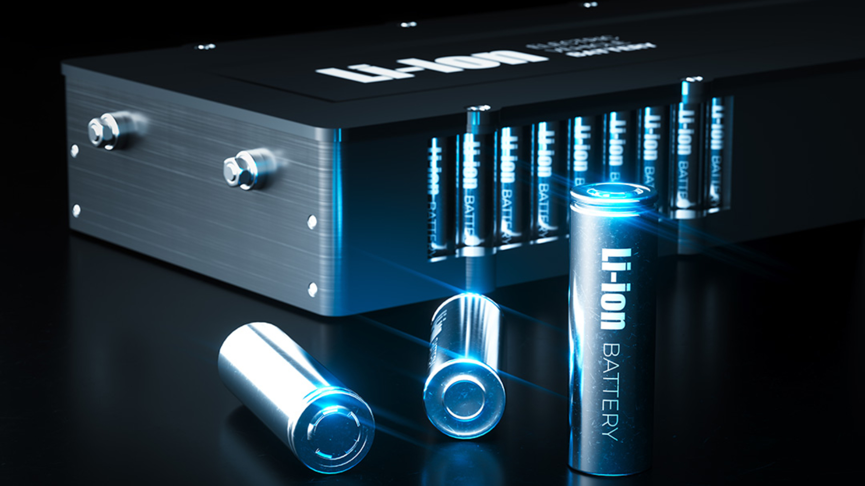 Modern lithium ion battery technology concept. Metal Li-Ion battery cells with electric vehicle battery pack on black background. 3d illustration.