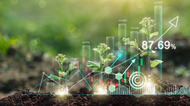Plant and graph chart growing with shape of arrow, Business investment and  financial, Stock, Business growth, profit, development and success on nature background.